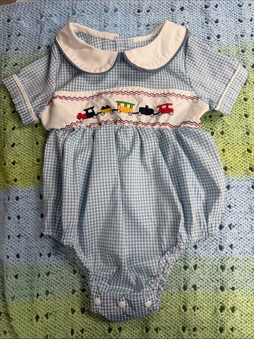 SHEIN Blue White Gingham Train Smocked Baby One-Piece